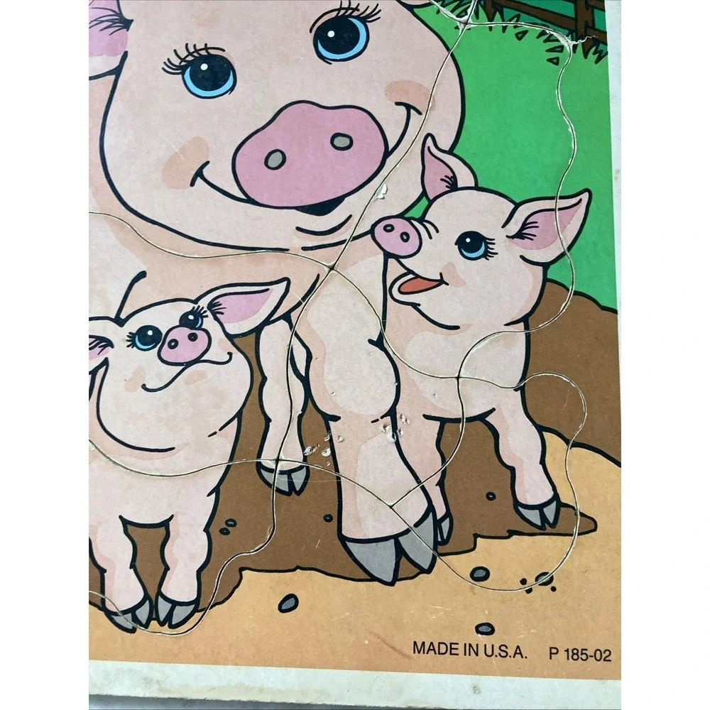 Vintage Playskool Wooden Puzzle Mother pig and Piglets P 185-02 1989